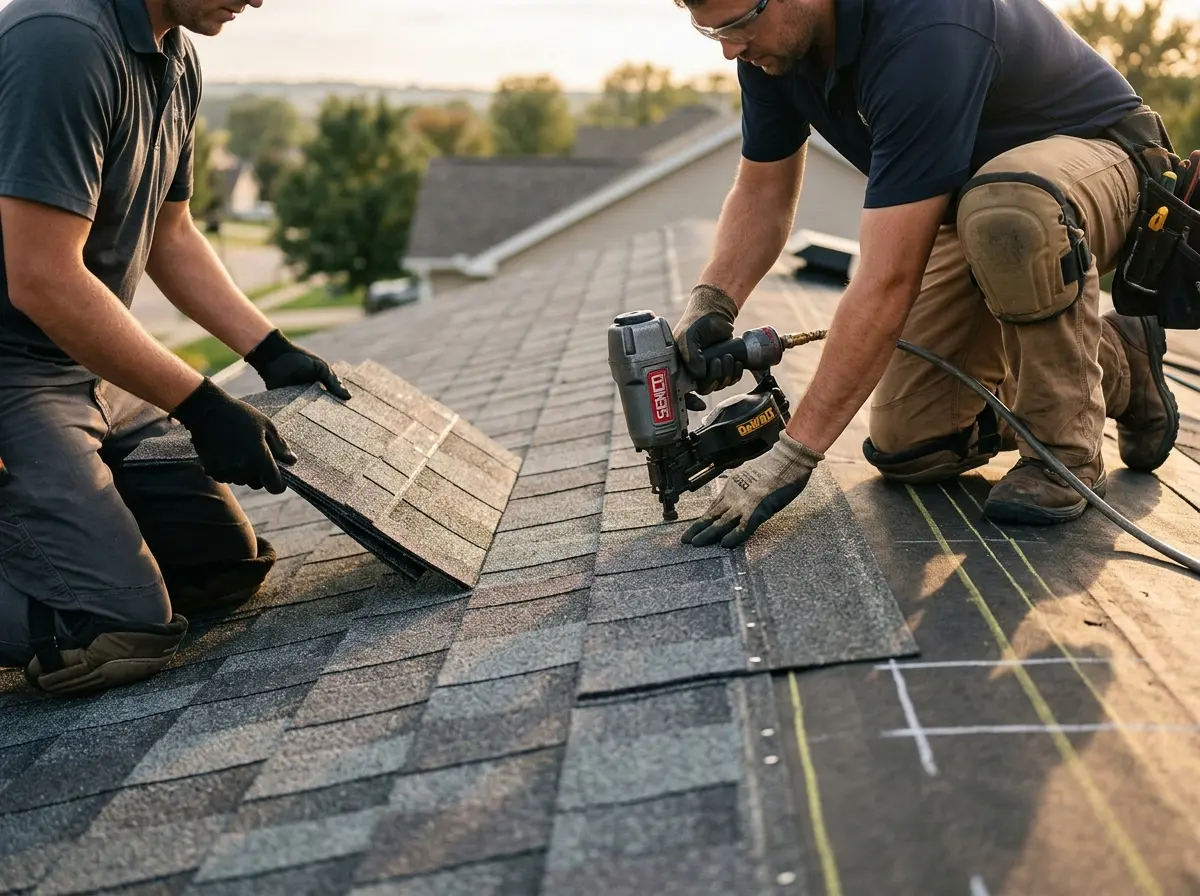Professional roofer working on a residential roof in Egelston